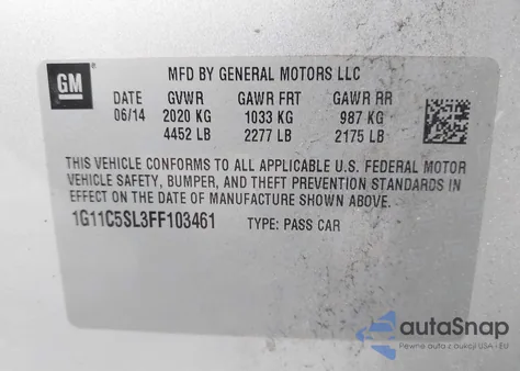 2015 Chevrolet Malibu 1Lt z USA, uszkodzony, nr VIN 1G11C5SL3FF103461